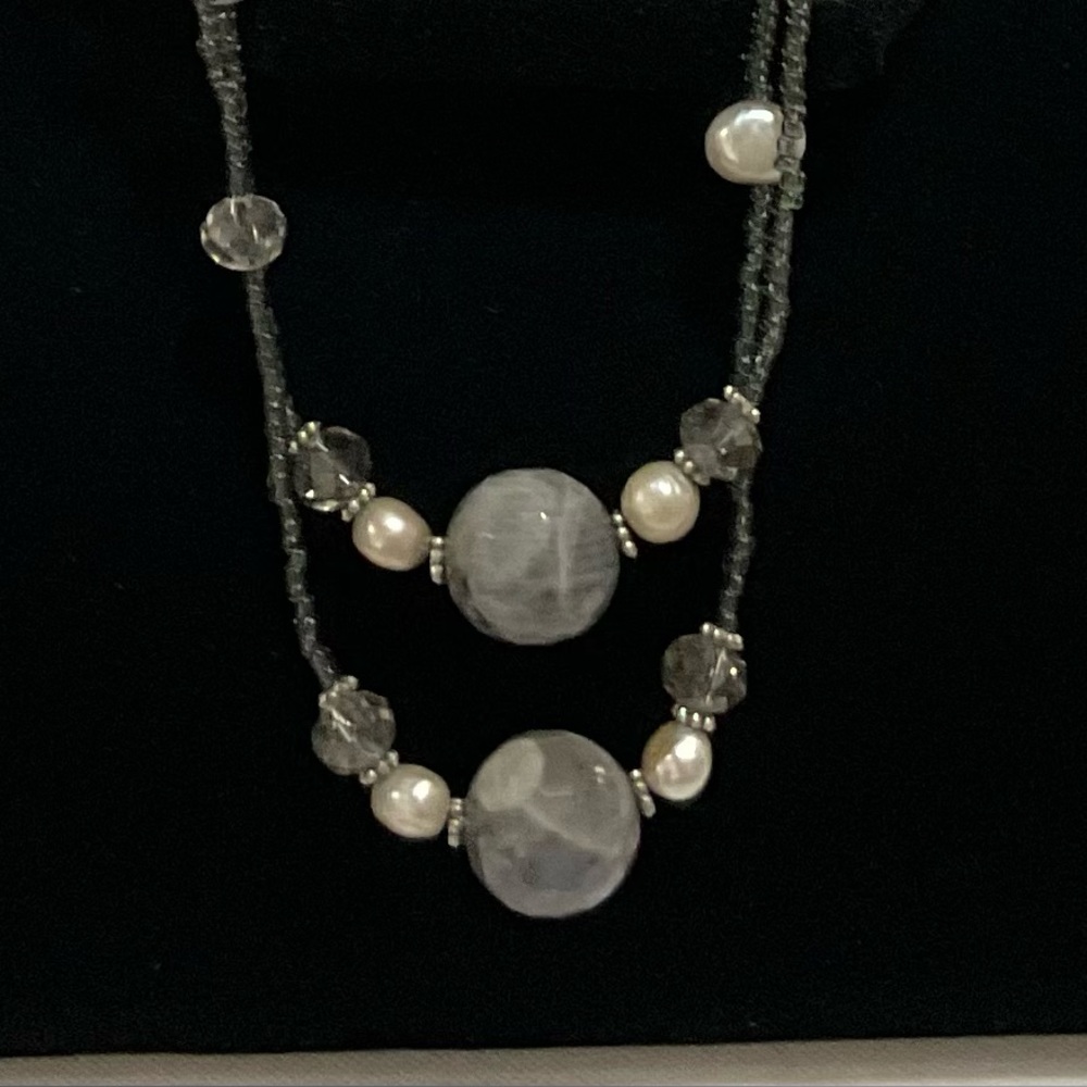 Necklace of Grey Labdorite, Fresh Water Cultured Pearls & Faceted Crystals - Picture 2 of 4